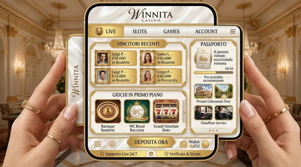 Due smartphone con l'interfaccia di Winnita Casino, sezioni live, slot e account