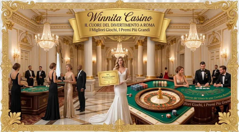 Sala da gioco in cornice barocca dorata, con tavoli e l'insegna Winnita Casino